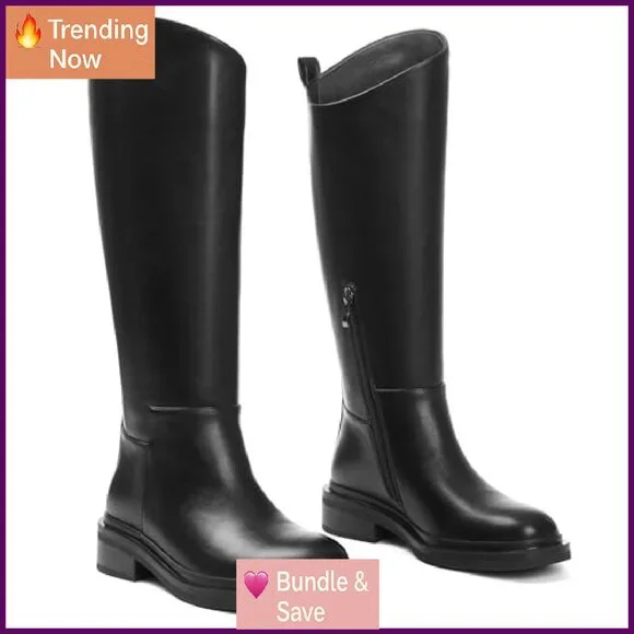 Women's Knee High Riding Boots Round Toe Flat Chunky Heel Side Zipper